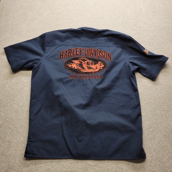 Vintage Harley Davidson Blue Garage Style Embroidered  Button Up Road Hog  Large - Picture 2 of 7